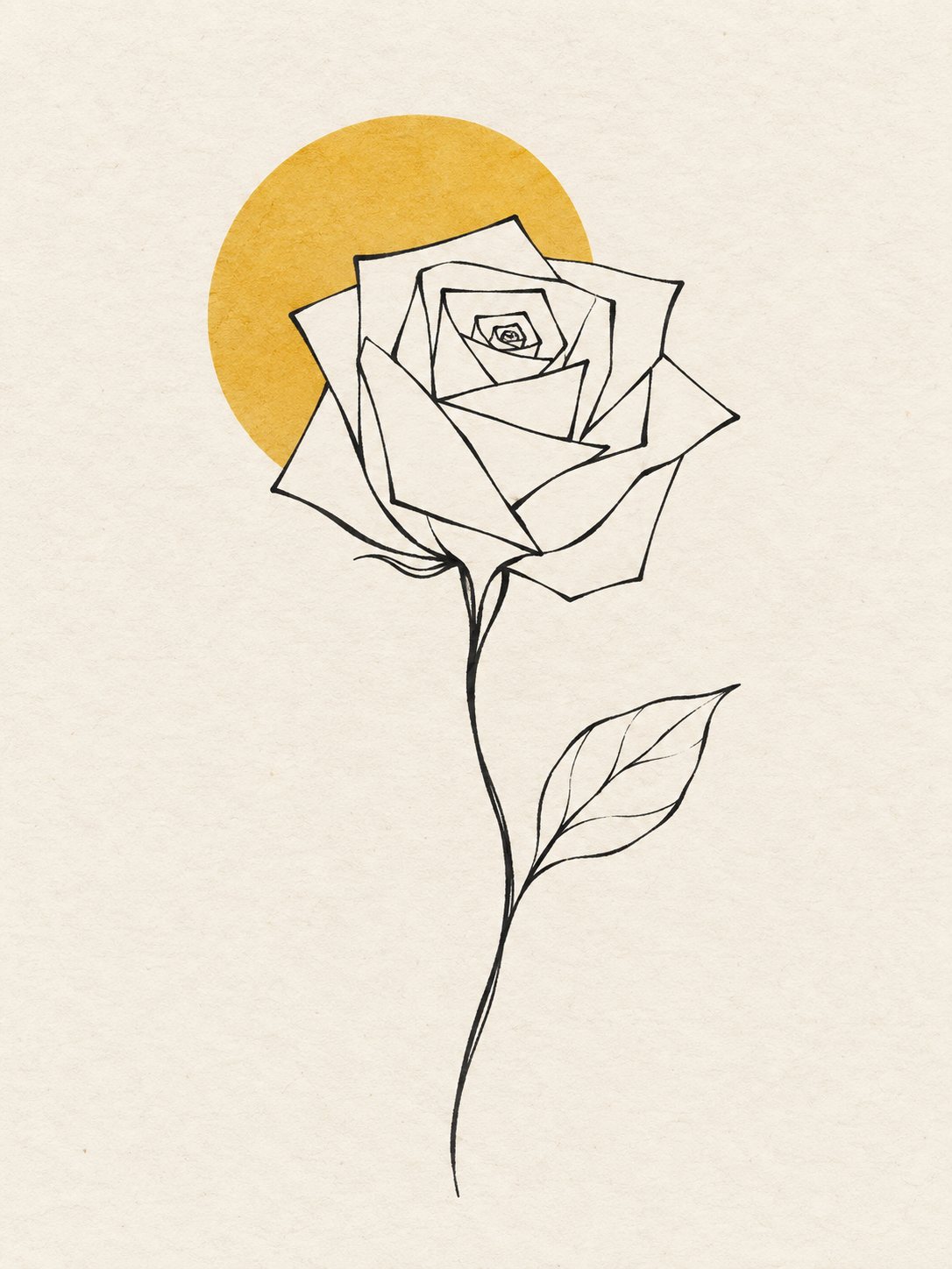 黄色い円に重なる手描きのバラ